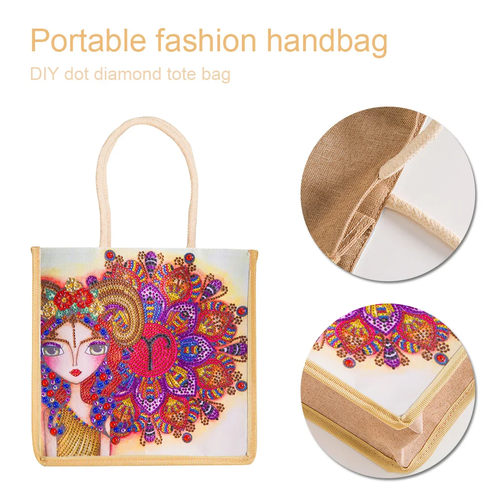 DIY 5D Diamond Painting Handbag Kits Cat and Butterflies Reusable Shopping Storage Tote Bags with Handle Special Shaped Crystal Gems Art Cotton