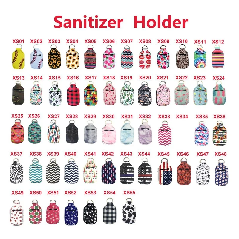 

500Pcs/lot 55 Styles Neoprene 30ml Bottle bag 30ML Sanitizer Bottle Holder Keychain Bags Key Rings Hand soap Bottle Holder