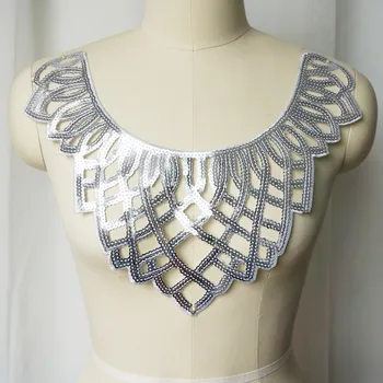 

Silver Sequin Fabric Collar Embroidered Gown Appliques Trims Baroque Sew Iron On Patch For Wedding Clothes Dress DIY Crafts