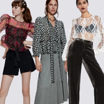 

21 Styles ZA Printed Translucent Blouse Top 2020 Lapel Fluffy Long Sleeve Elastic Cuffs with Lined Laminated Decorative Top