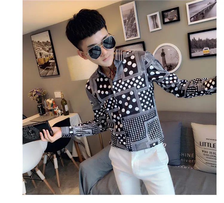 Мужские рубашки с длинным рукавом в горошек, Camisas Hombre, модная повседневная приталенная одежда, рубашки для ночного клуба, уличная одежда, Social Blouse Homme