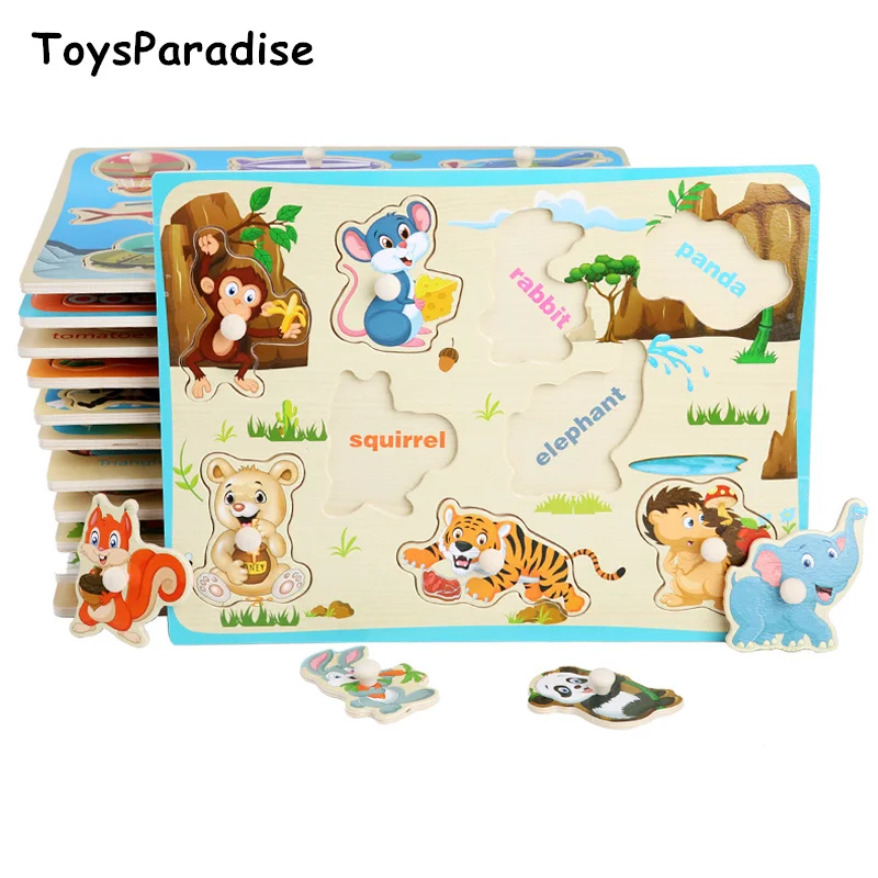 Dropshipping Baby Toys Hand Gripper Puzzles Wooden Toys For Kids Animal/Digital/Ocean Puzzle Educational Preschool Teaching Aids