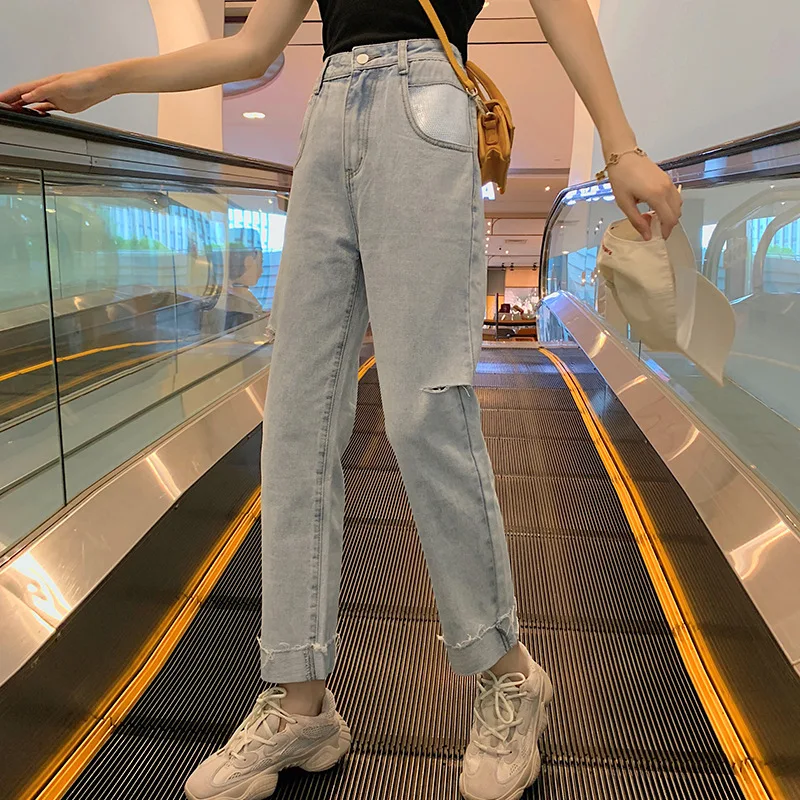 

32112019 Autumn Clothing New Style Korean-style Loose-Fit Ripped Jeans Women's with Holes Slimming Cool Versatile Long Jeans