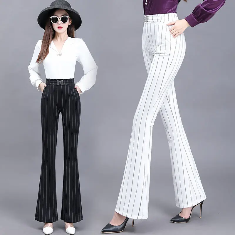 

New OL Slim Striped Letter Decoration Flared Pants Women Business Work Bell Bottom Pants Female Office Classic Flare Trousers