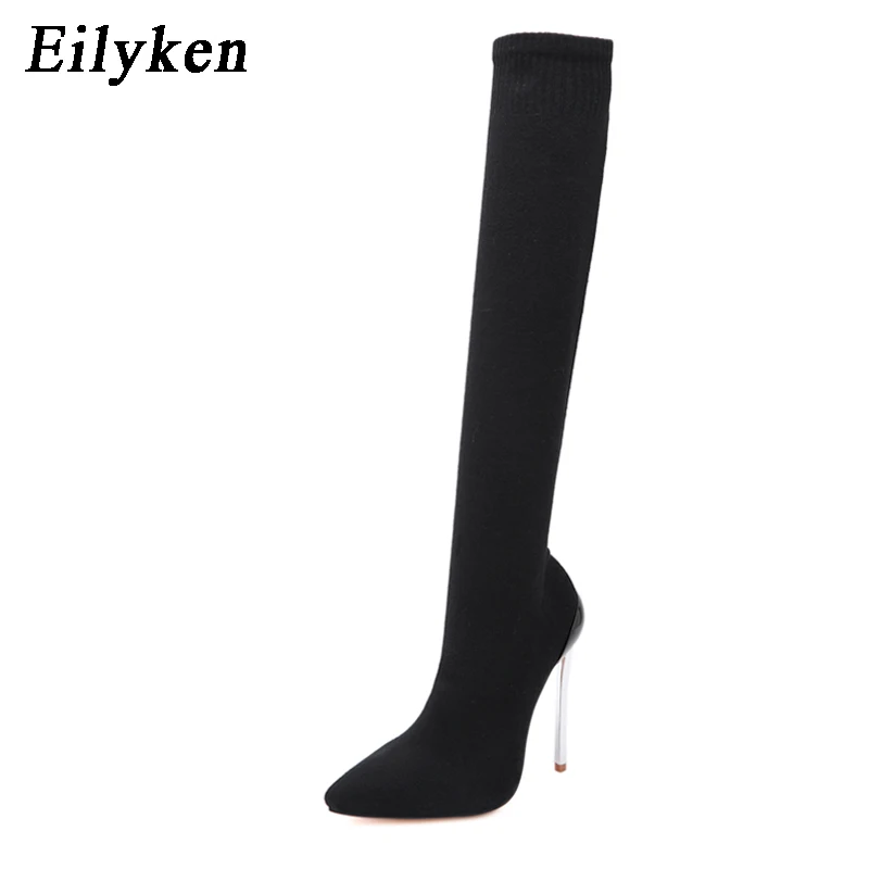 Eilyken/Модная трикотажная стелька из эластичной ткани; сапоги; Женские Сапоги выше колена с острым носком; Размеры 35-42