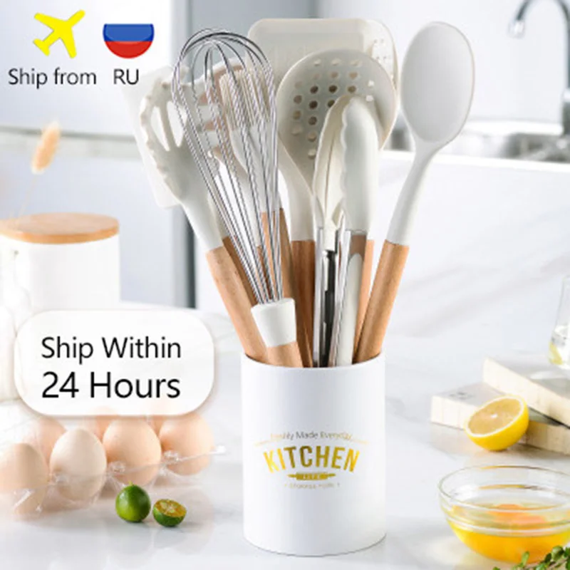 11PCS Silicone Kitchen Cookware High Temperature Resistant Non-Stick Wooden Handle Silicone Spatula Baking Tool With Storage Box