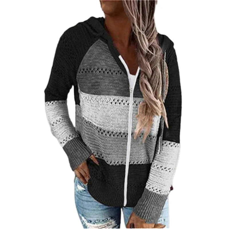 

Women Plus Size Hollow Out Knitted Hoodie Sweater Raglan Long Sleeve Drawstring Jacket Color Block Striped Full Zip Up Cardigan