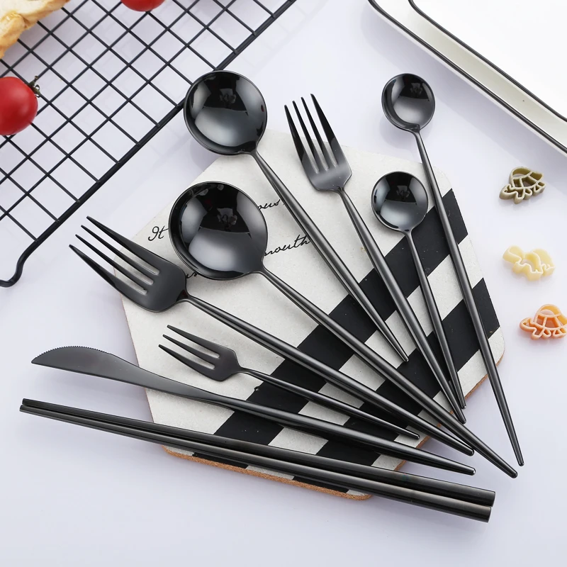 Столовые ножи Набор посуды ложки и вилки зеркальный черный набор серебряных изделий из нержавеющей стали Западный кухонный набор посуды