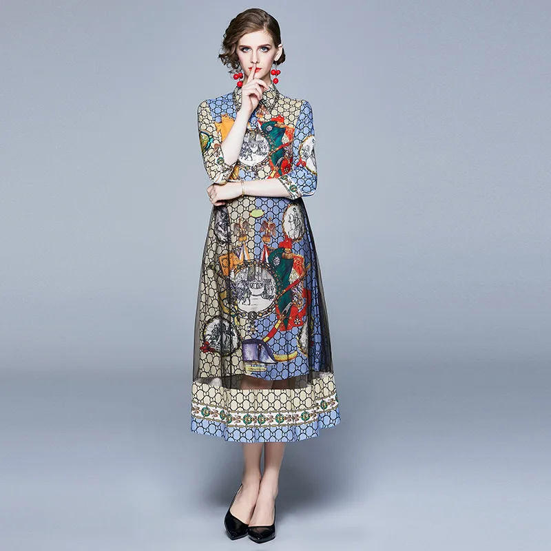 

Ozhouzhan New Style WOMEN'S Dress Printed Spell Gauze High-waisted Elegant Design Dress
