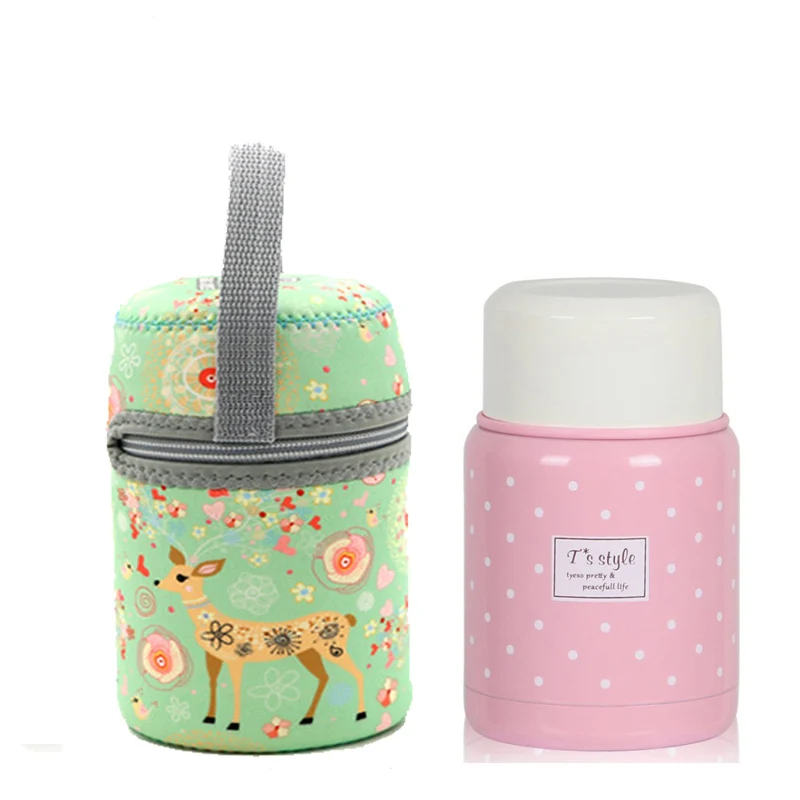 green deer pink 350 мл Термос inox Складная ложка термальный детский Ланч-бокс termos красочная банка для супа Портативная сумка контейнер для еды - Цвет: green deer pink