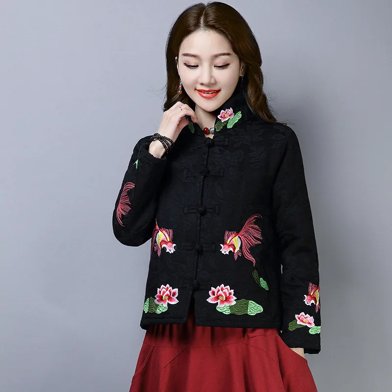 

2019 Winter New Style Retro National Wind Embroidered Jacquard Frog Stand Collar Short Coat Thick Quilted Cotton Jacket