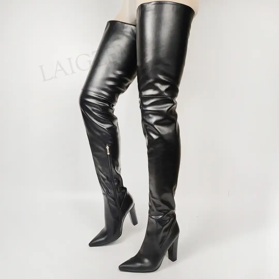 leather thigh high boots block heel