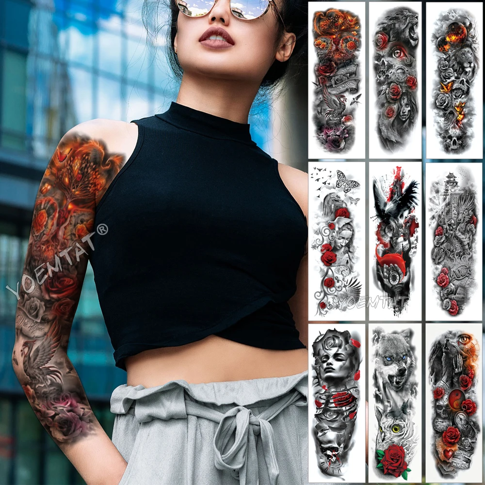 

Large Arm Sleeve Tattoo Red Phoenix Rose Waterproof Temporary Tattoo Sticker Paper Letter Life Tree Tatoo Body Art Women