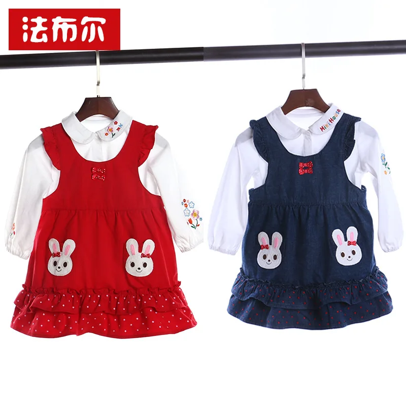 

Japanese-style Popular Brand Suspender Skirt Children Girls Cartoon Embroidered Rabbit Stereo Bow Dress