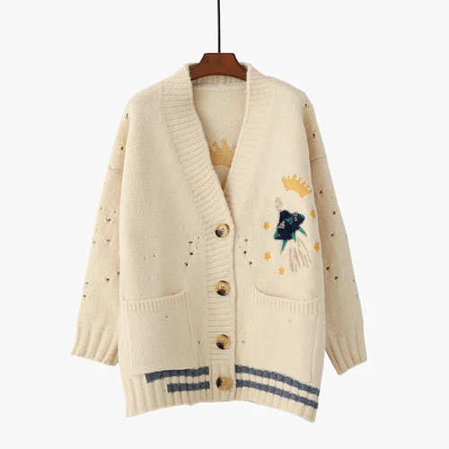 Gagaok Women Knitted V-Neck Retro Sweater Autumn Winter New Cartoon Embroidery Loose Hole Sweet Female Korean Style Cardigans - Цвет: Creamy-white