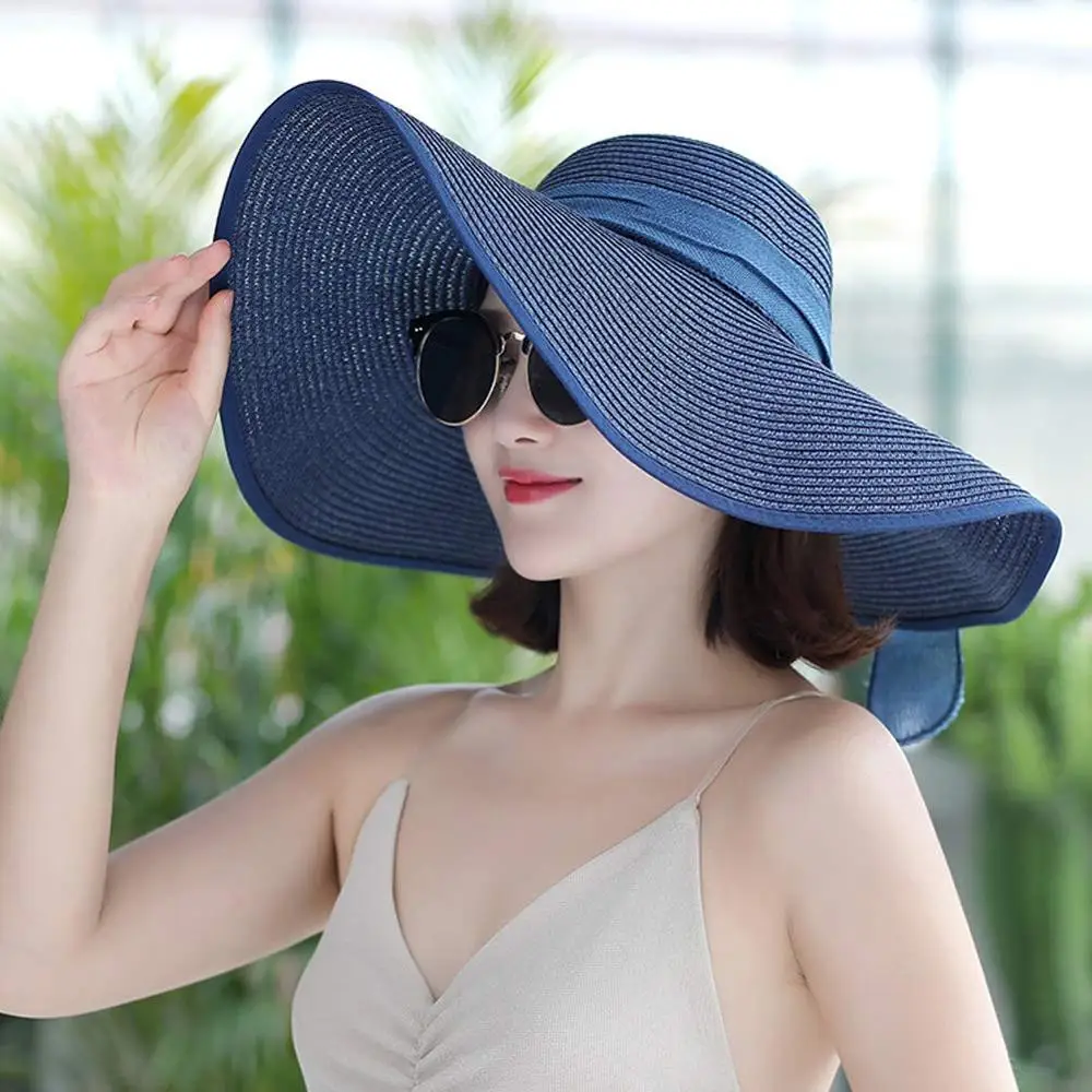 Womens Wide Brim Straw Hat Floppy Foldable Roll up Cap Beach Sun Hat UPF 50+