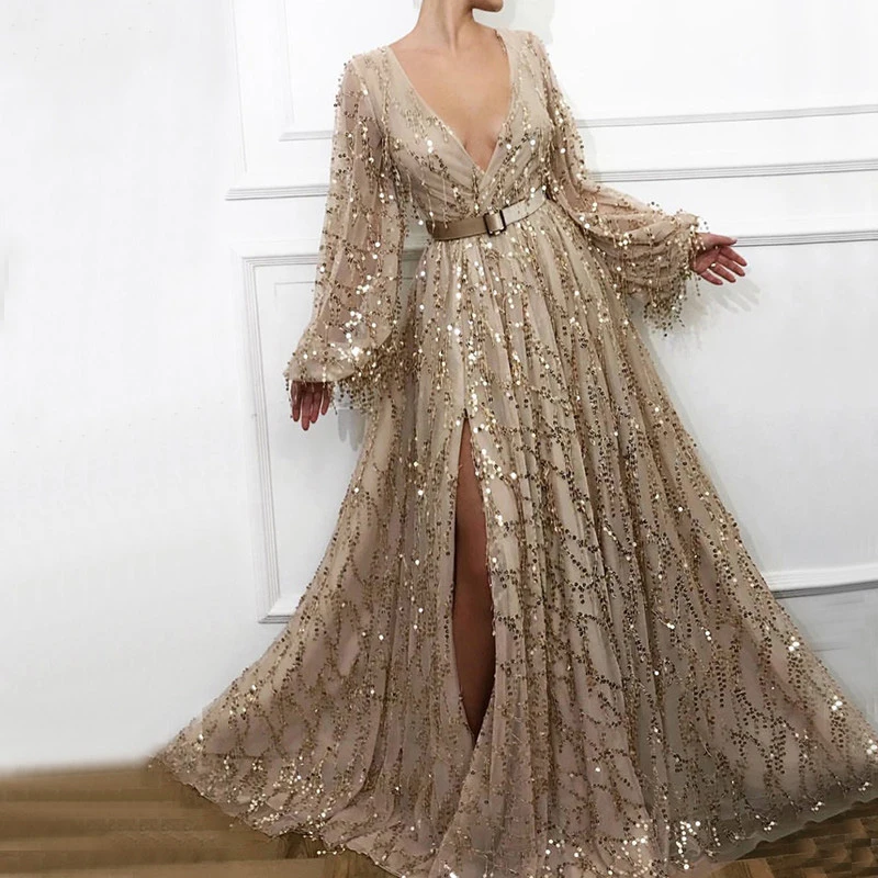 

Gorgeous Champagne Evening Dresses Sexy Deep V neck Evening Gown High Split Long sleeve Sequined Sparkle Evening Dress