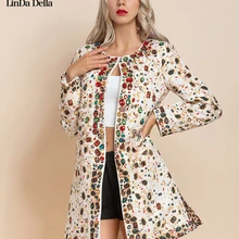 LD LINDA DELLA Fashion Runway Designer Autumn Coat Women's O—neck Long sleeve Luxury Beading Printed Vintage Outwear Overcoat