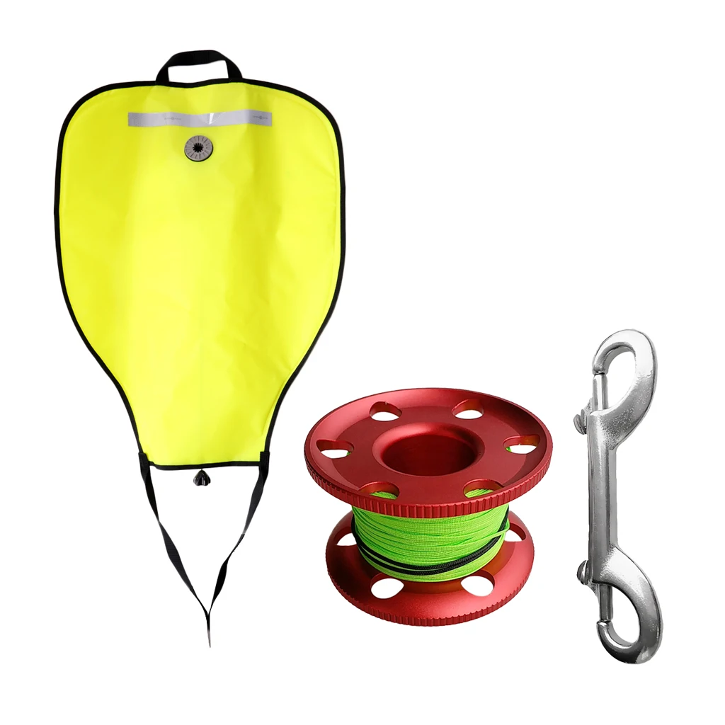 

50lbs Lift Bag Salvage with Dump Valve & Compact Finger Spool Reel Rope with Swivel Eye Clip Finger Reel Rope