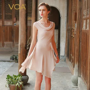 

VOA summer100 pure chiffon silk irregular double layer dress for women light blue and pink sleeveless dress A0220