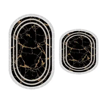 

Oval Fringed 2'li Bath Mat Pad Linear Stone Black Gold