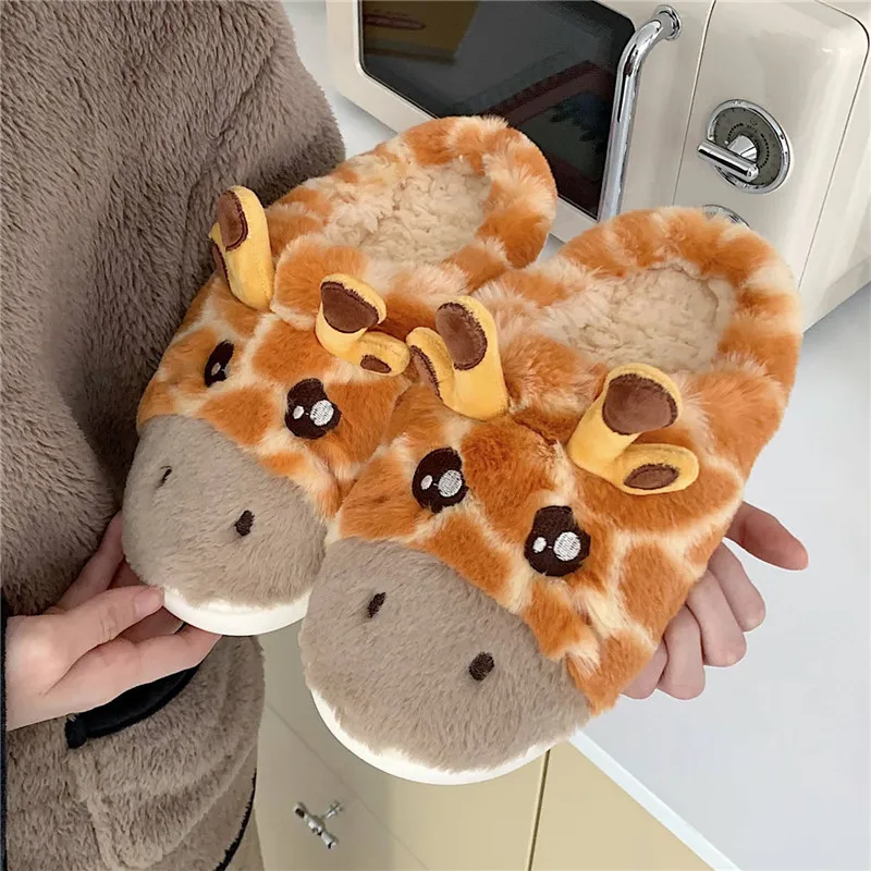 Cute Animal Home Cotton Slippers Cozy Soft Short Plush Slides Cartoon Giraffe Female Winter Shoes Indoor Non-Slip Women Slippers winter women house slippers faux fur fashion warm shoes woman slip on flats female slides black red cozy home furry slippers