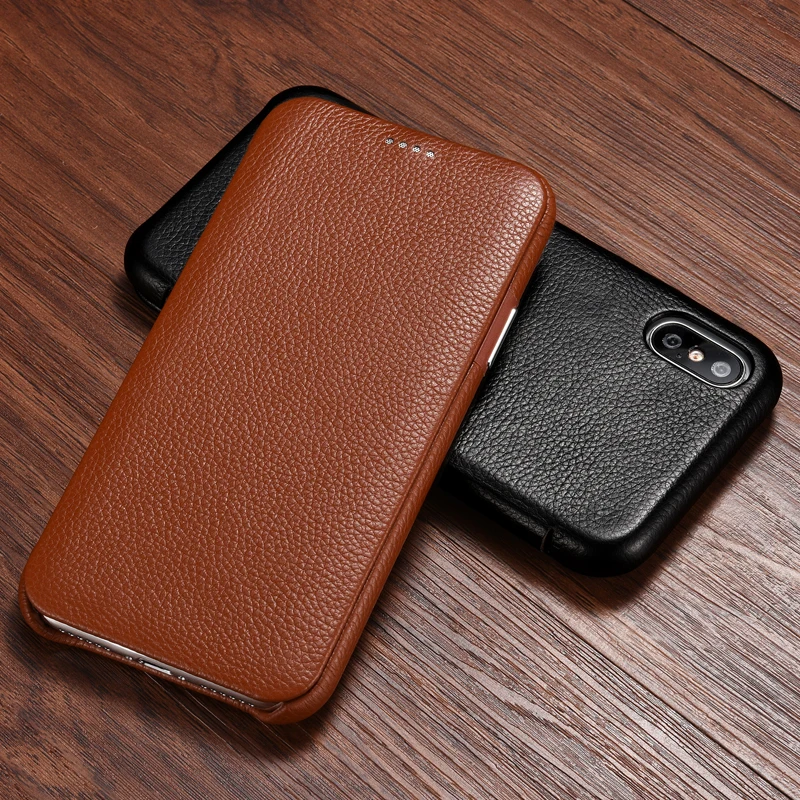 

For iPhone X XS XR Genuine Case iPhone 7 8 8Plus Cowhide Real Leather Retro Flip Case Slim Smart Cover for Apple iPhone XS Max