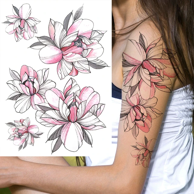 Adesivo de tatuagem temporária impermeável para as mulheres preto flor arte  do corpo transferência abstrata tatoo falso água esboço preto linha manga -  AliExpress