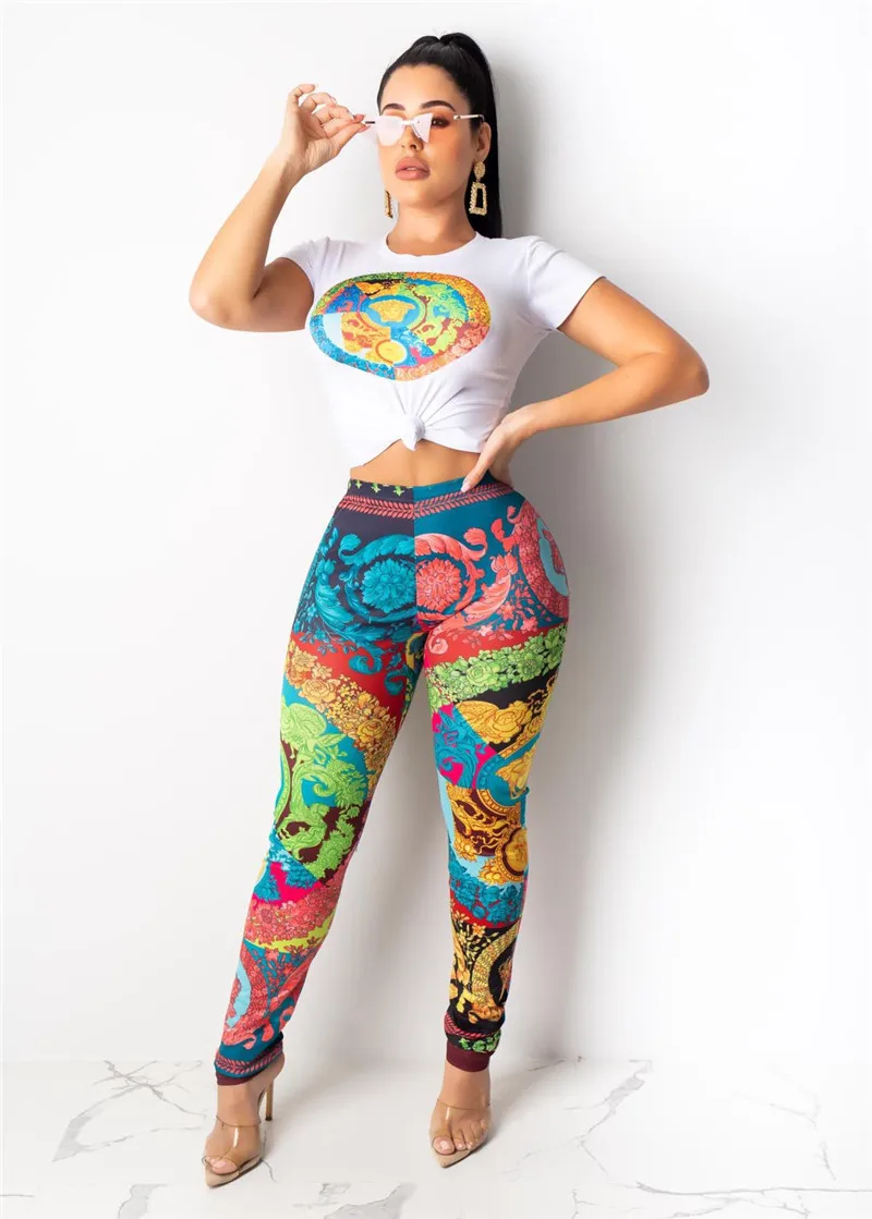 OLOEY модный принт Повседневное комплект из двух предметов с круглым вырезом футболка с длинным рукавом топ+ брюки-карандаш Для женщин модные, пикантные осенние наряды