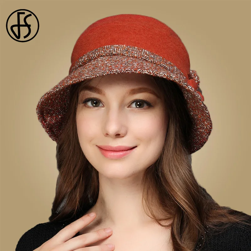 FS Элегантная Женская Зимняя шерстяная Фетровая Шляпа Fedora, винтажная Панама, s Camel, синяя, Красная шапка