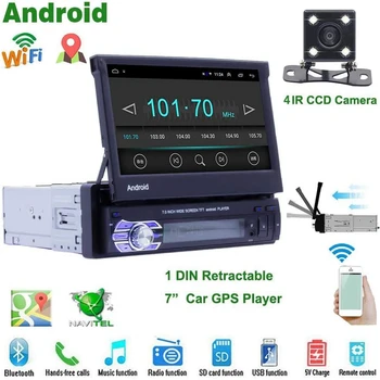 

9706 1DIN Android 10.1 Car Stereo GPS Navigation Retractable 7" HD Touch Screen MP5 Player Wifi Bluetooth FM Radio U Disk AUX