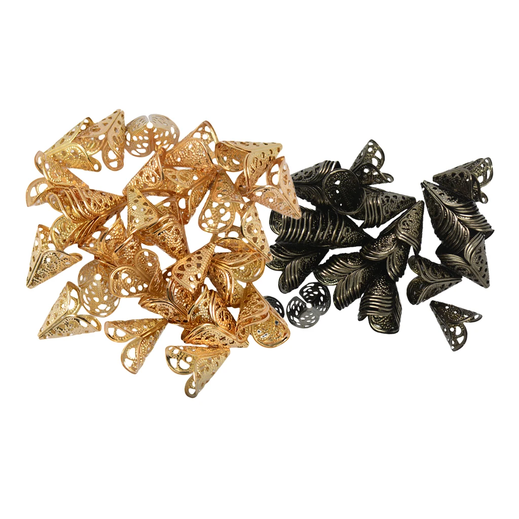 100 Pieces 16mm Filigree Cone Flower Cap For Beads Tassel DIY Craft Gold and Black