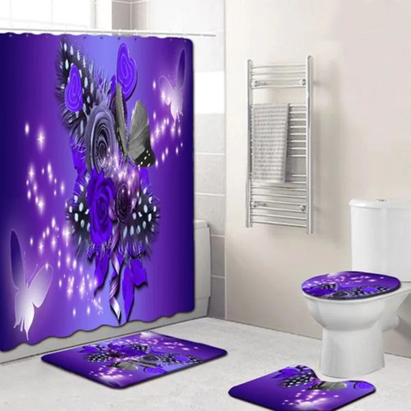 Rose Flower Shower Curtain Set Non-Slip Rugs Bath Mat Toilet Lid Cover and 12 Hooks Waterproof Polyester Bathroom Decor