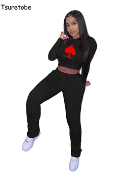 

Tsuretobe Patchwork 2 Piece Set Women Crop Tops Stacked Pants Print Summer Clothes For Women Sexy Vacation Outfits For Women Tra