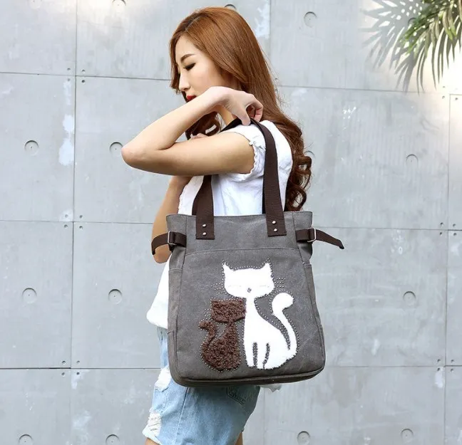 

Korean Style New Cute Cat Canvas Shoulder Bag for Women Large Capacity Handbags Womens Matching Tote Bags Casual Travel Hand Bag