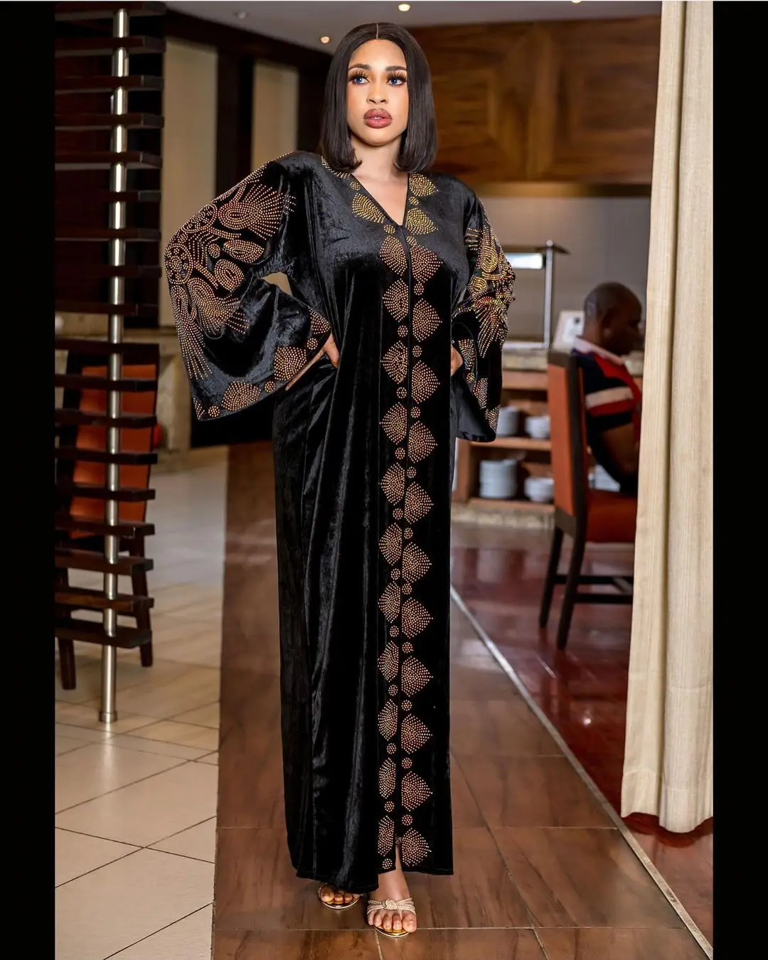 african style clothing Nigerian African Women Dress Fashion Velvet Hot Rhinestone V-neck Flared Sleeve Robe Elegant Gown Black Maxi Dress Vestido Longo Africa Clothing