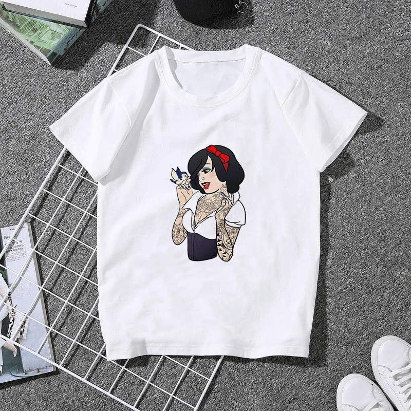 Белоснежка и принцесса Алиса Харадзюку футболка для женщин Kawaii тату печать Mash Up Top панк женские футболки с коротким рукавом Одежда - Цвет: 1957