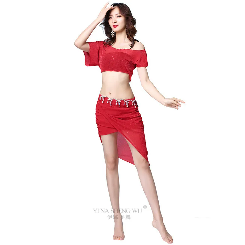 B-2pcs Red Набор костюма для танца живота танец живота кисточкой блестками хип шарф короткая юбка Топ шоу Прозрачная сетка Сексуальная Дамская тренировочная одежда - Цвет: B-2pcs Red