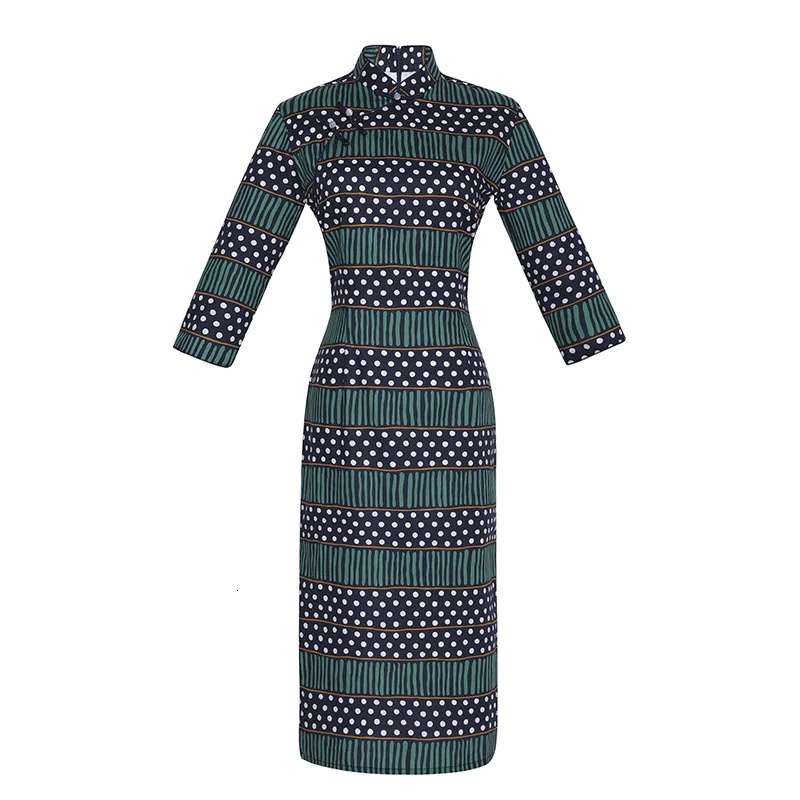 Sheng Coco Chinees платья зеленый хит цвет в полоску Qipao Леди с длинным рукавом Осень Зима Cheongsam хлопок решетки Qi Pao