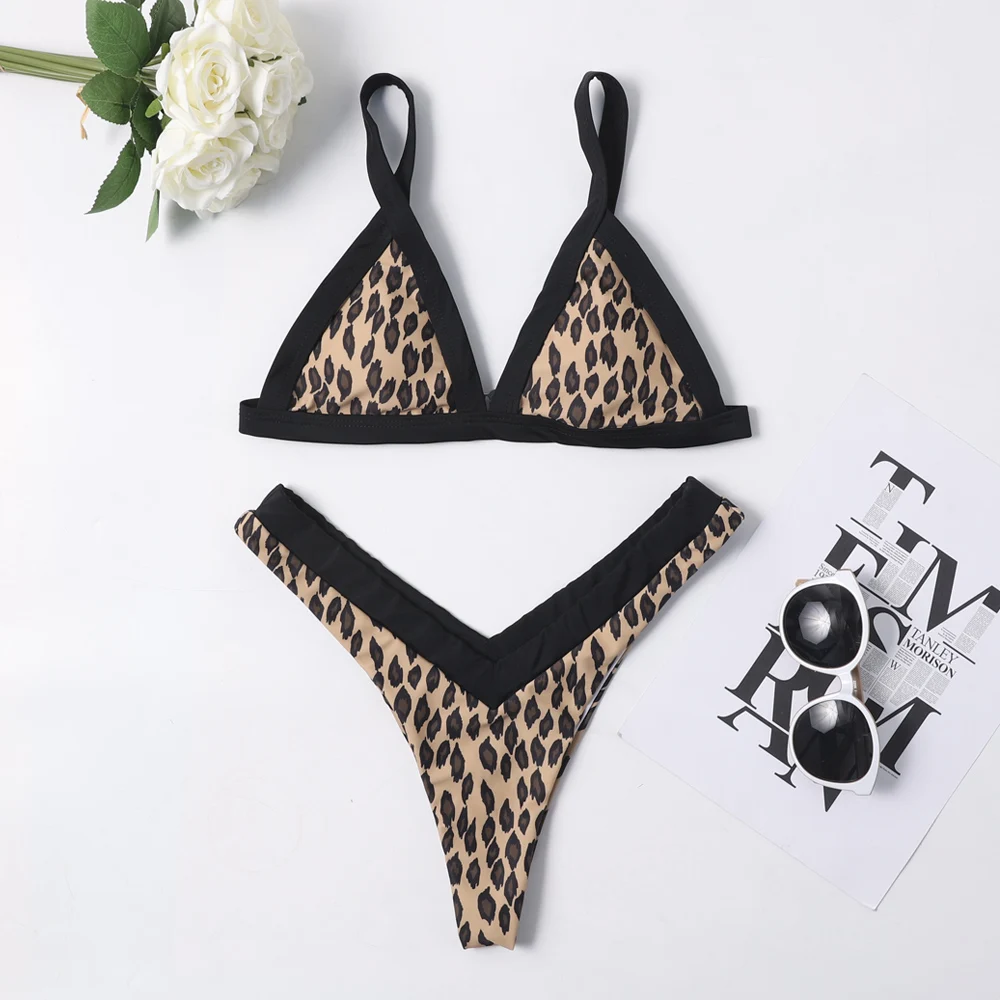 2019 Leopard Removable Padding Low Waisted Bikini Women Two Piece Bathing Suit Dual Shoulder Strap Branzillian High Leg Swimsuit