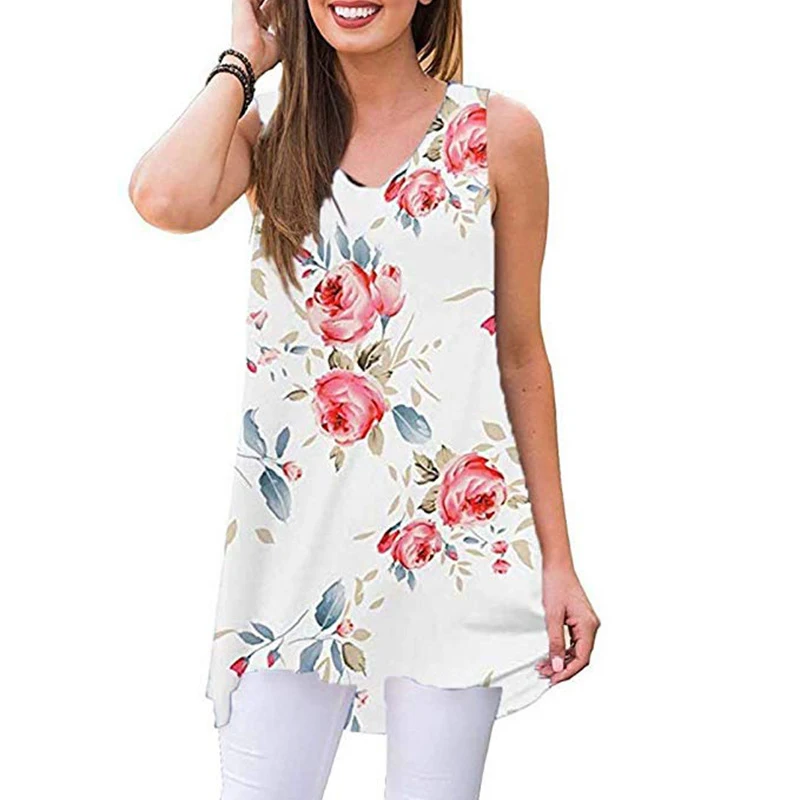 Для женщин платье без рукавов с v-образным вырезом, туника, цветочный принт блузка для лета FDC99