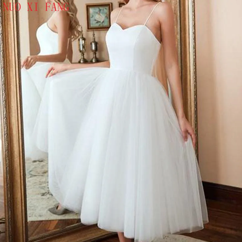 Vestidos De Noiva Short Simple Mid Calf Tulle Sweetheart Spaghetti Straps Wedding Gowns Cheap Wedding Dresses NUOXIFANG