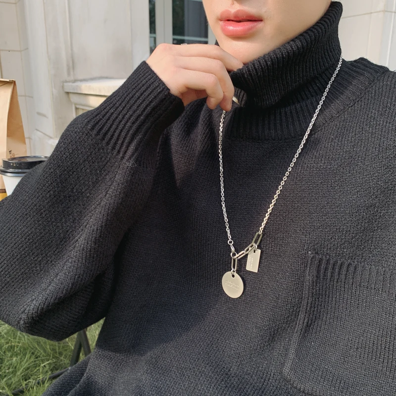 Winter High Collar Sweater Men's Warm Fashion Solid Color Casual Knit Pullover Men Loose Collar Detachable Sweater Male Clothes