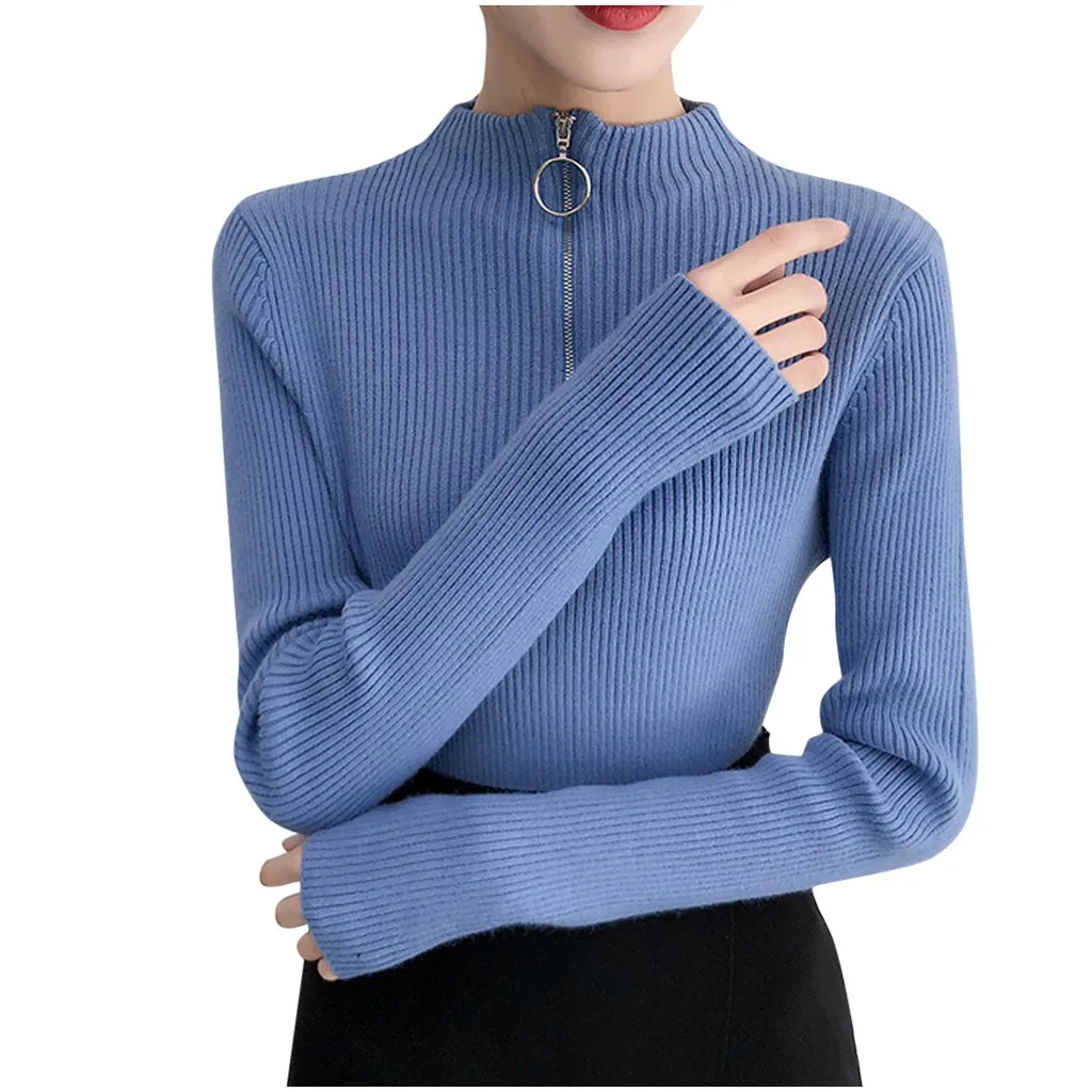 Модный женский топ трикотажная рубашка с длинным рукавом свитер с высоким воротником Элегантная блузка