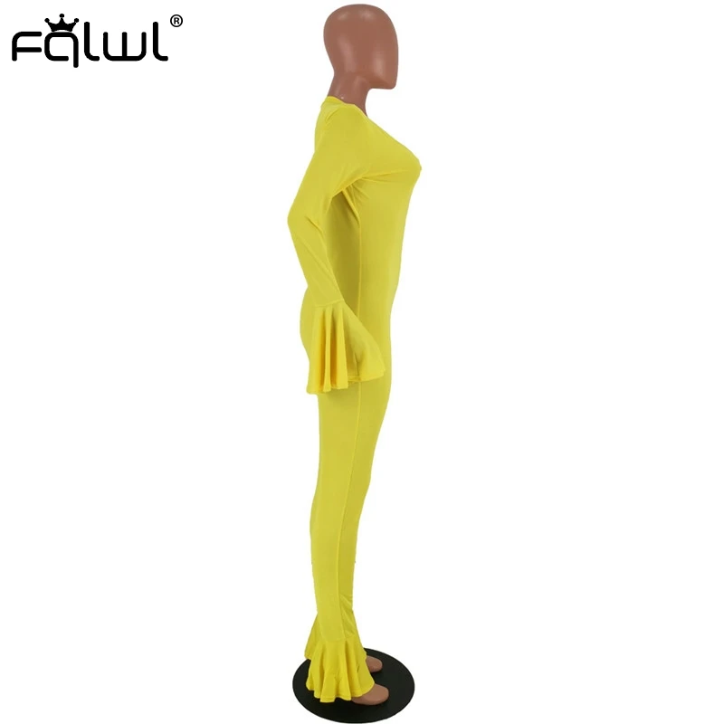 FQLWL осень широкие ноги сексуальный Облегающий комбинезон женские комбинезоны с расклешенными рукавами обтягивающий комбинезон женский желтый длинный женский комбинезон женский