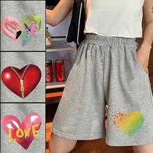

Fashion Stretch Waist Casual All-match Shorts Woman High Waist Shorts Beach Love Printed Straight Short Women's Trend Clothing