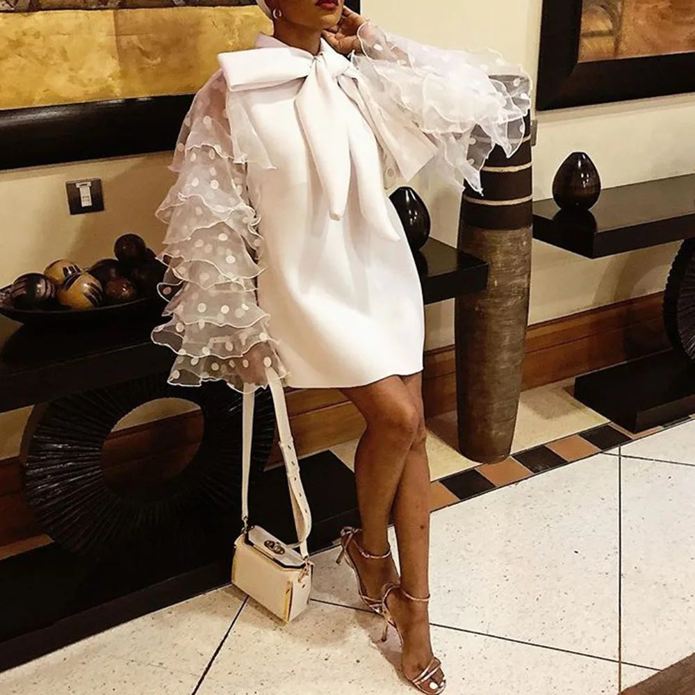 Plus Big Size Elegante Partij Oranje Wit Mini Jurken Vintage Vrouwen Boog Stip Mesh Ruffle Lange Mouwen Korte Jurk dames Plus Big Size Elegante Partij Oranje Wit Mini Jurken Vintage Vrouwen Boog Stip Mesh Ruffle Lange Mouwen Korte Jurk dames