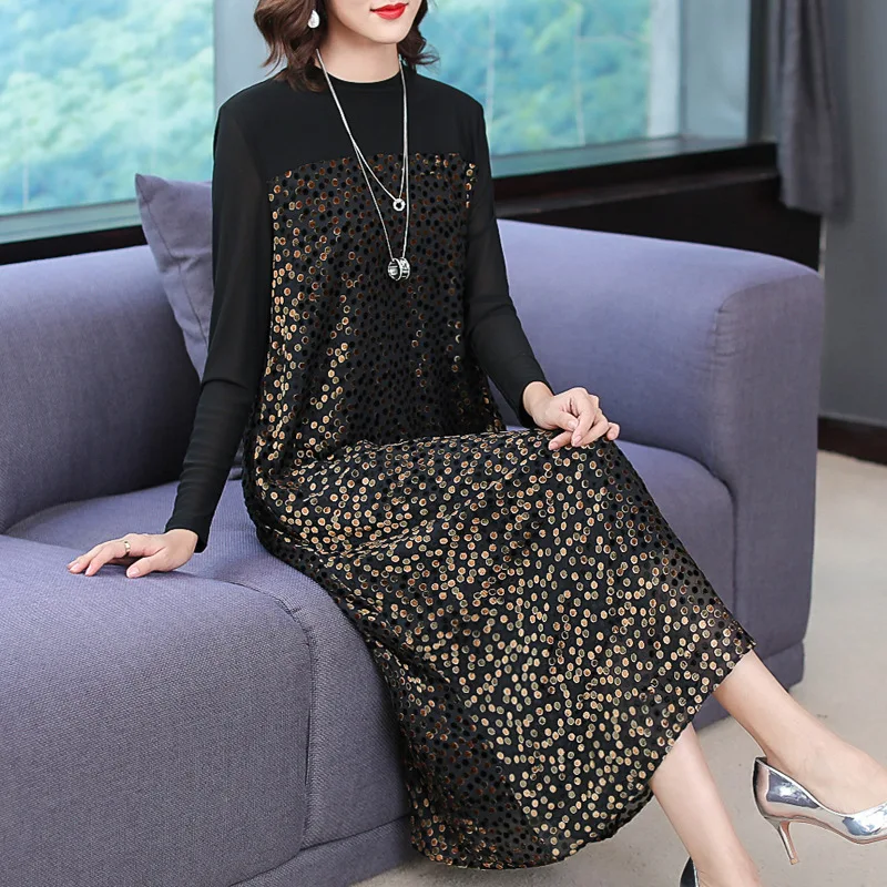 

Dress Women's 2019 Autumn New Style Mid-length Elegant Black And White with Pattern Long Skirts Half-Turtle-Neck Retro Kuotaitai