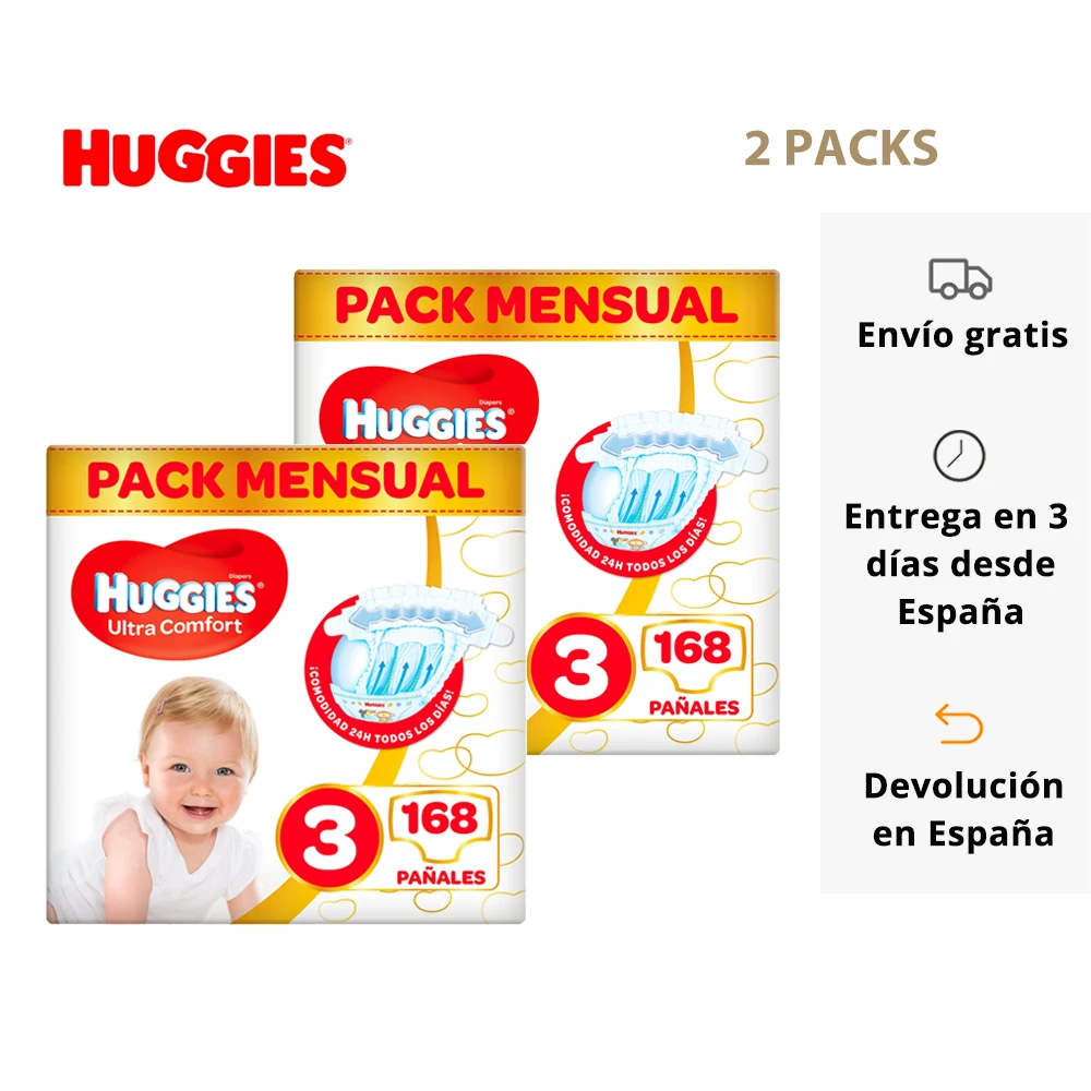 Set de 2 Packs Pañales  Huggies UC Talla 3 (336 unidades), Talla 4 (300 unidades), Talla 5 (252 unidades), Talla 6(204 unidades)