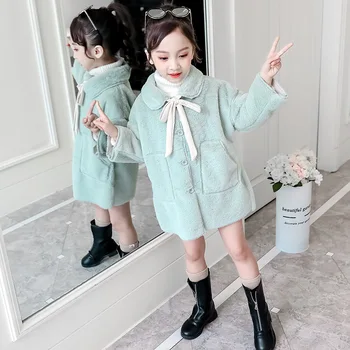 

Children Kids Girls Fur Coat Girl Western Style Winter Coat Solid Color Bow Girls Outwear